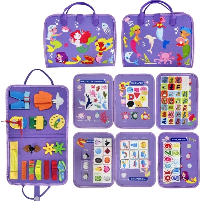 Kids Zip Toys - กระดานกิจกรรมเงียบๆ รูปนางเงือกสำหรับเด็กเล็ก, ของเล่นฝึกทักษะการใช้มือแบบละเอียด ฝึกซิปและกระดุม, หนังสือกิจกรรมเสริมพัฒนาการด้านประสาทสัมผัส รูปสัตว์