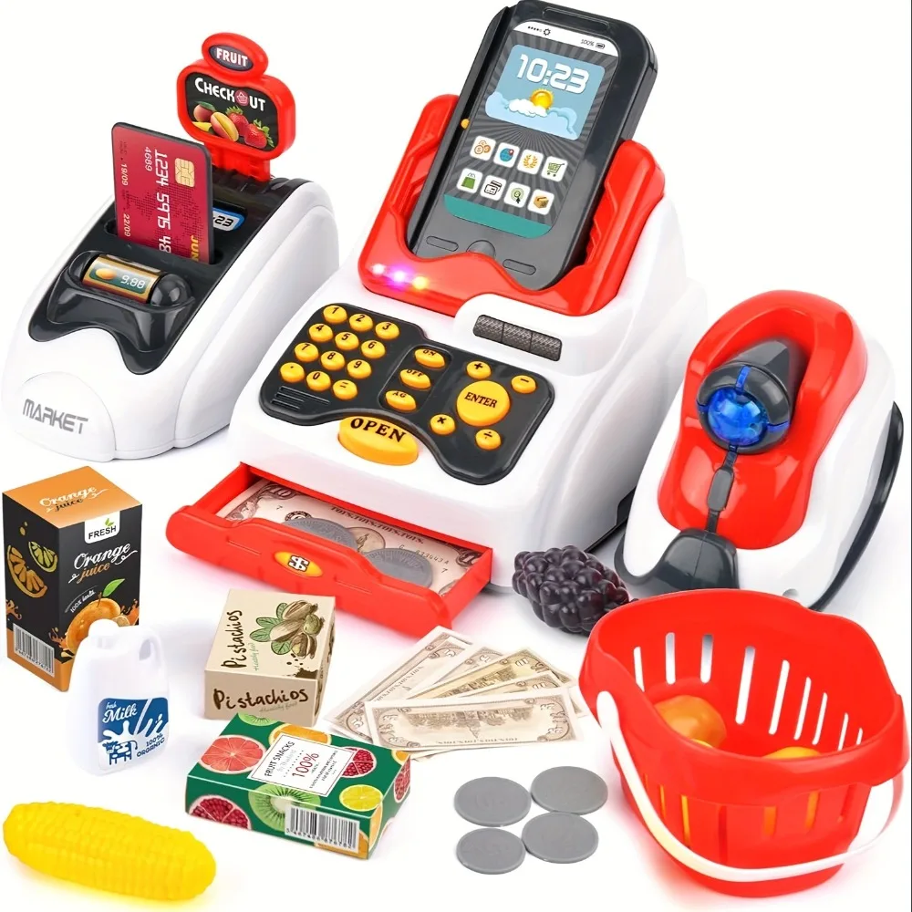 Kids Toys Shop - 33 ชิ้นของเล่นลงทะเบียนเงินสดสําหรับเด็กที่มีเครื่องสแกนเนอร์ชําระเงินผลไม้เครื่องอ่านบัตรเครดิตเล่นเงินอาหารช้อปปิ้งเล่นชุด